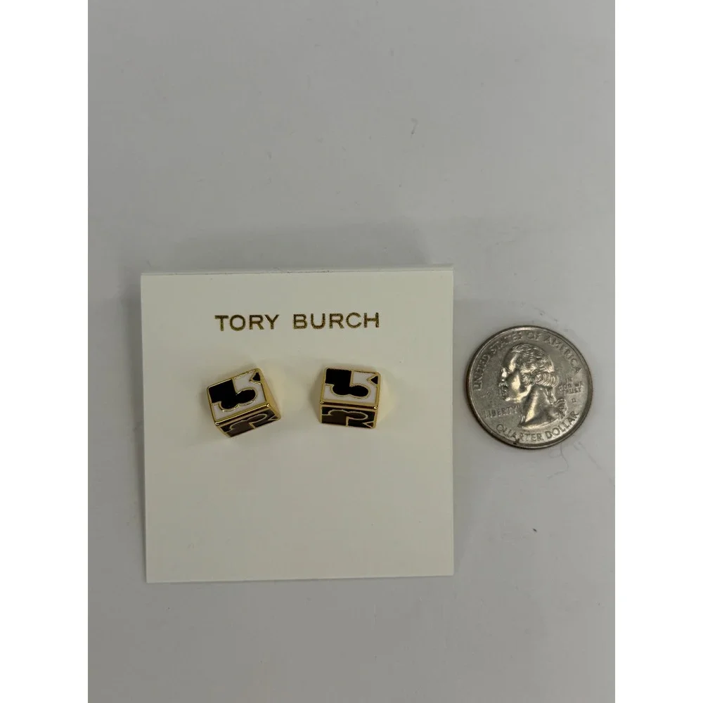 Tory Burch T-Logo Cube Stud Earrings Gold Black White Enamel Geometric Chic